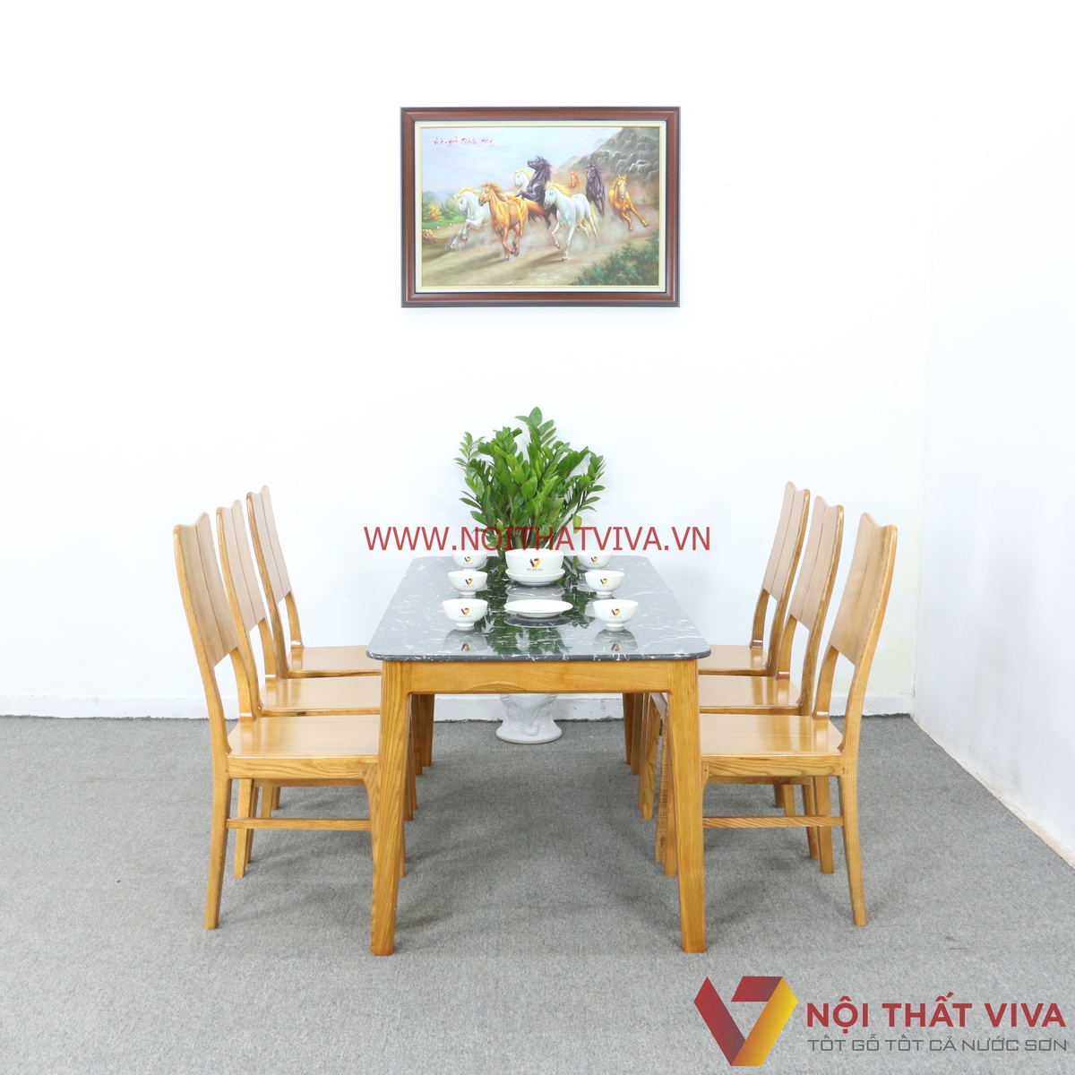 Bộ Bàn Ăn 6 Ghế Gỗ Sồi Nga Màu Vàng Mặt Đá Đen Tràn Gọn Đẹp Giá Rẻ