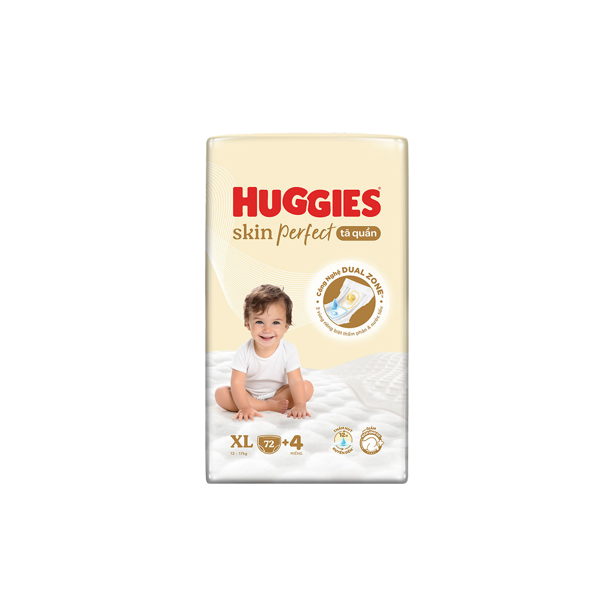 Tã quần Huggies Skin Perfect phiên bản Rồng giới hạn Mega Jumbo XL72+4 miếng với 2 vùng thấm giảm kích ứng da