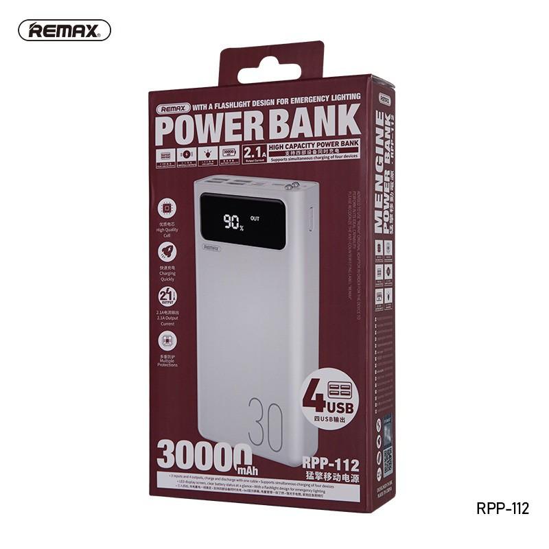 Pin sạc dự phòng Remax RPP-112 30000mAh, lõi Li-polymer, 3 cổng input, 4 cổng output (HÀNG CHÍNH HÃNG)