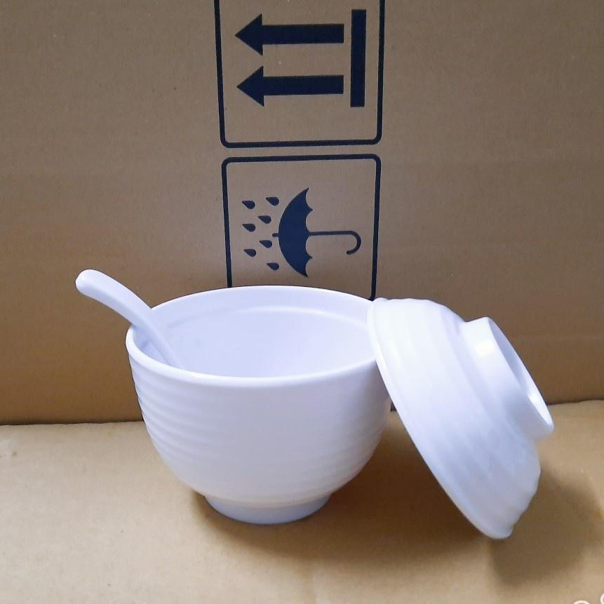 Chén/ bát súp miso có nắp cao 8.9 cm đường kính 9,9 cm melamine cao cấp màu trắng / đen