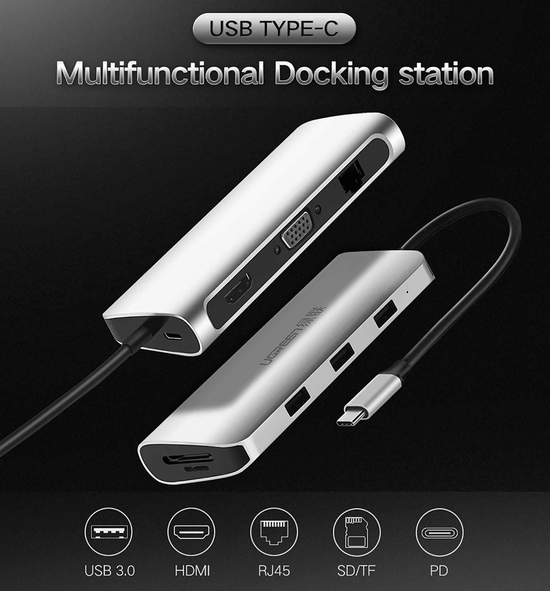 Hub USB C Multi HDMI 4K, Enthernet, USB 3.0, PD, TF, SD Ugreen CM179 40873 - Hàng Chính Hãng