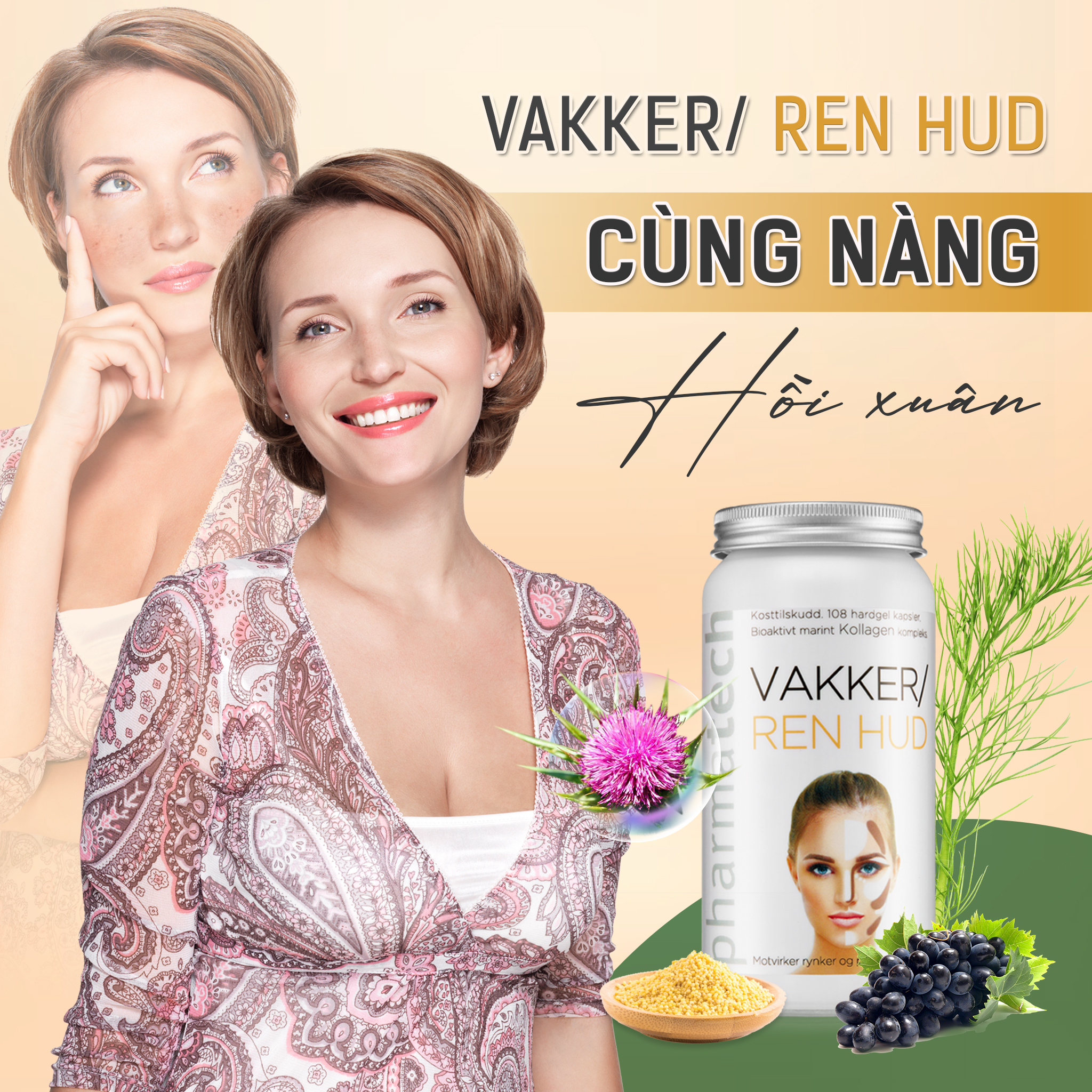 Viên nang hỗ trợ cải thiện nám và lão hóa da Pharmatech Cho Người lớn Vakker/Ren Hud Lọ 108 Viên