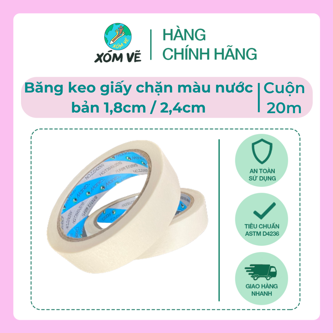 Băng keo giấy chặn màu bản 1.8cm và bản 2.4cm, dài 20m