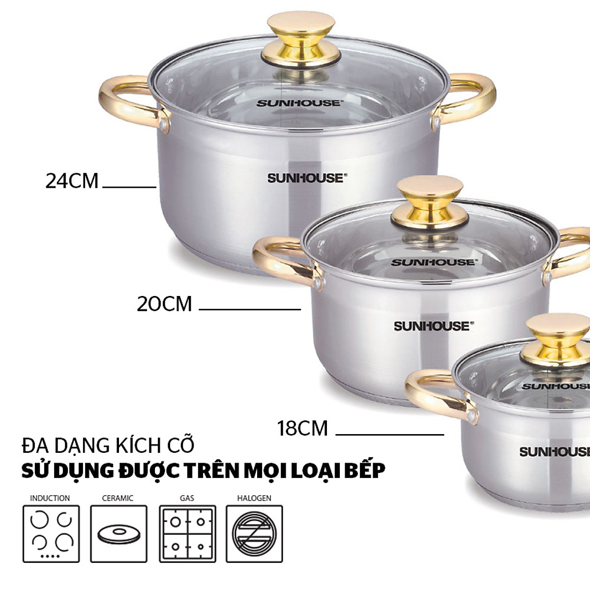 Bộ nồi inox 5 đáy Sunhouse SH781 16-20-24cm