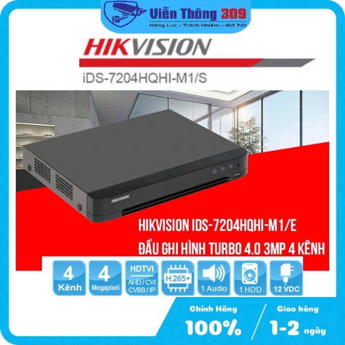 Đầu ghi hình Turbo 4.0 3MP 4 kênh Hikvision iDS-7204HQHI-M1/E - Hàng chính hãng