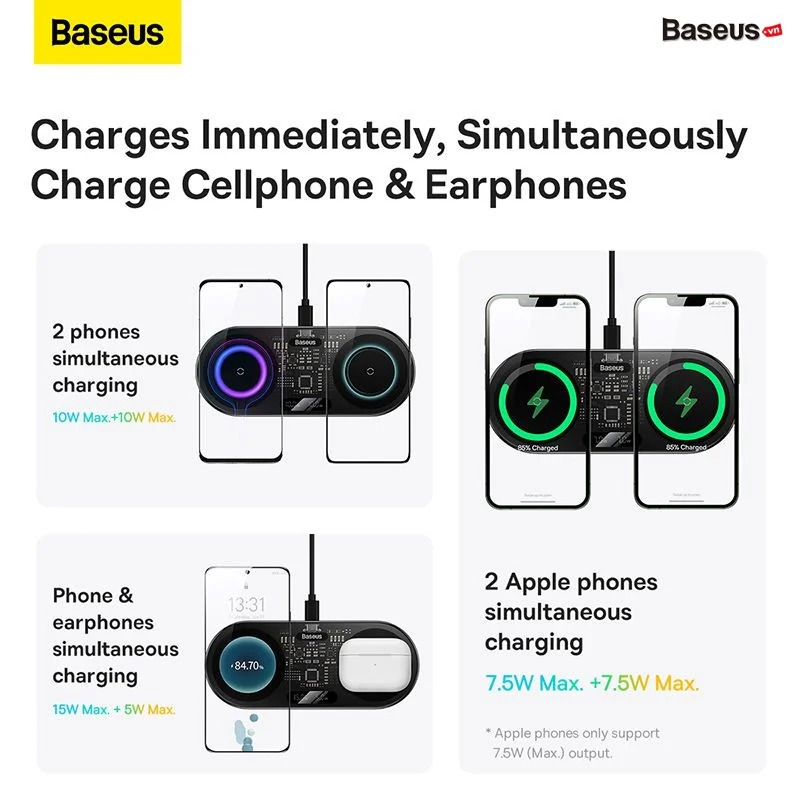 Bộ đế sạc nhanh không dây 2 trong 1 Baseus Simple Wireless Charger Turbo Edition - Hàng Chính Hãng