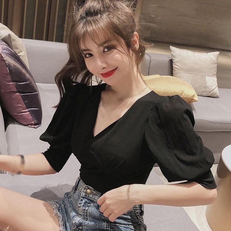 Áo Sơ Mi Tay Ngắn Cổ Chữ V Màu Trơn Thời Trang Dành Cho Nữ