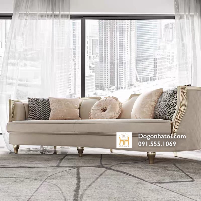 Bộ Sofa Màu Trắng Kem, Dát Lá Vàng Phòng Khách Tân Cổ Điển SF411 - Đồ Gỗ Nhà Tôi