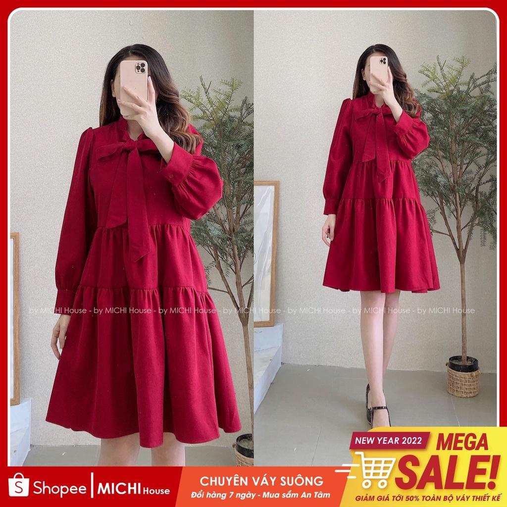 Váy Suông Babydoll Dáng Dài Xuông Rộng MICHI House V114 Đầm Nhung Xuông Thiết Kế Dài Tay Cổ Nơ Xinh