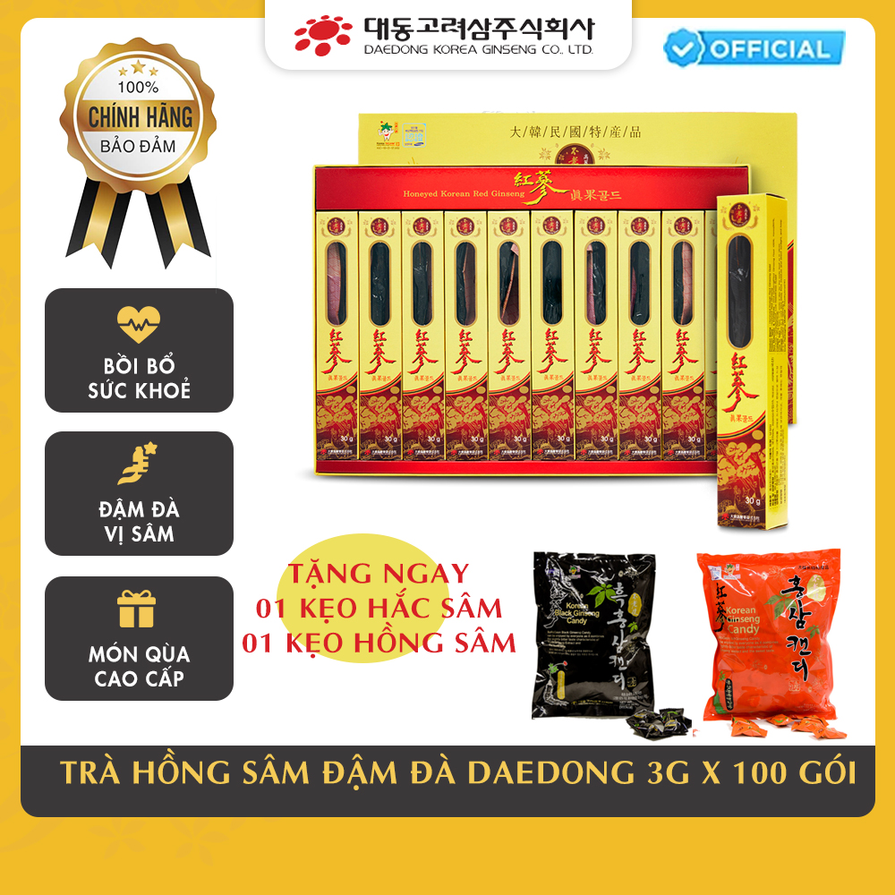 COMBO Hồng sâm nguyên củ tẩm mật ong (10 củ * 30gr) TẶNG 01 gói kẹo hồng sâm 250gr và 01 gói kẹo hắc sâm 250gr - Daedong Korea Ginseng