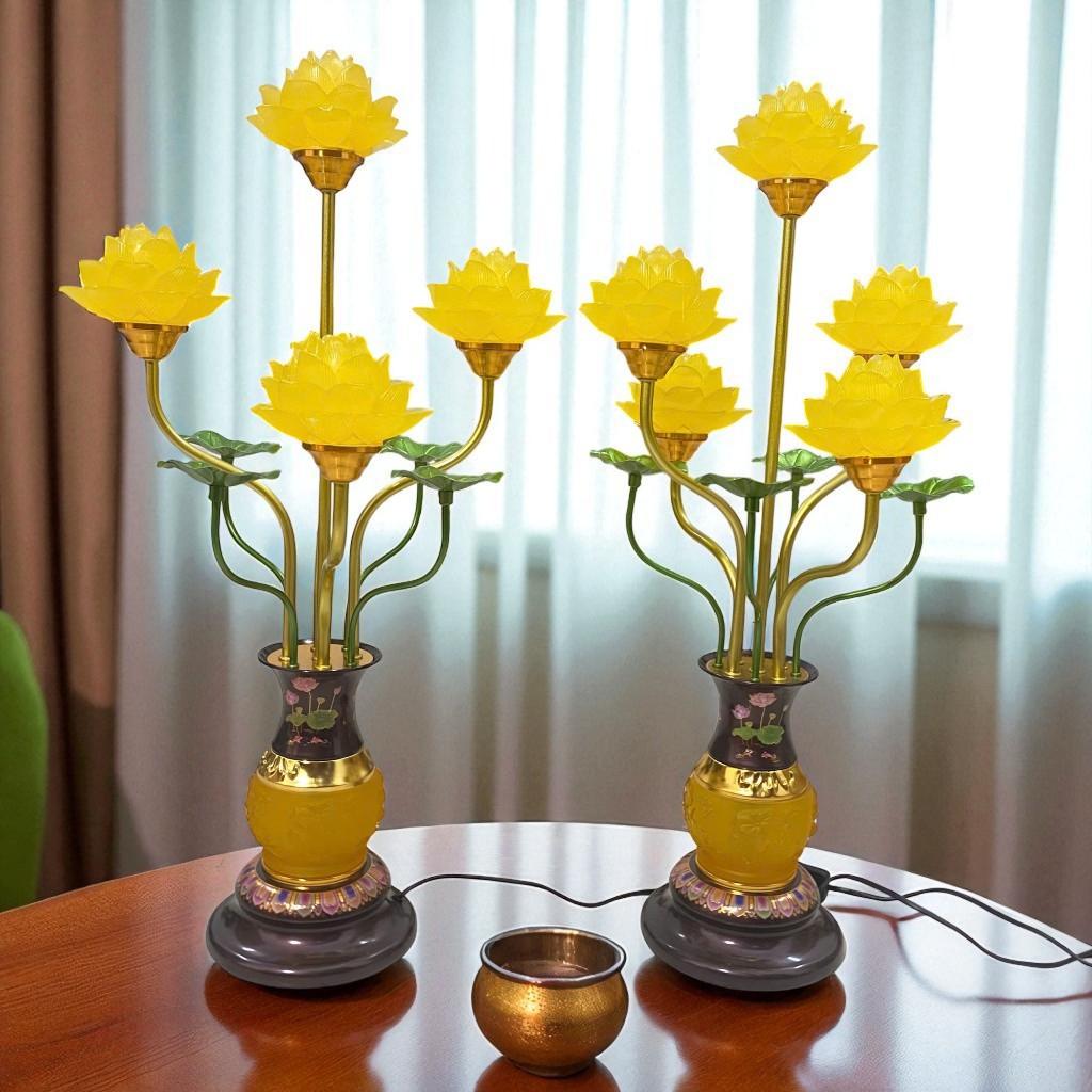 Đèn thờ 5 bông hoa sen gấm đỏ RỒNG VIỆT - Sang trọng, hoàn hảo cho không gian thờ cúng tôn nghiêm.
