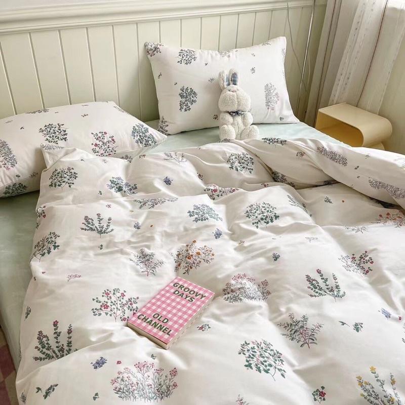 Bộ Chăn Ga Gối Cotton Living Hàng Nhập Khẩu 4 Món Lá Nhí Trắng