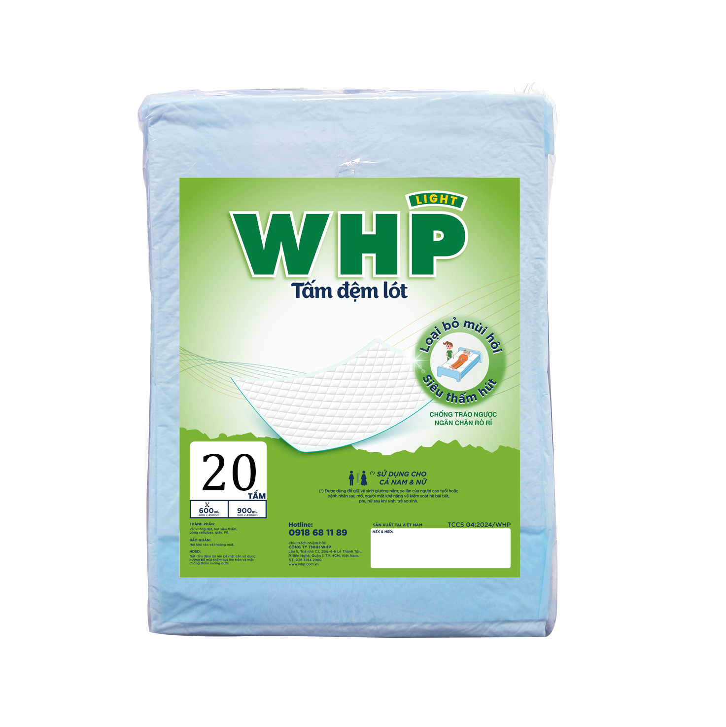 Tấm Đệm Lót WHP Underpad, Siêu Thấm Hút, Chống Trào Ngược, Khử Mùi Hiệu Quả Size 60x45 cm (8 miếng/túi)