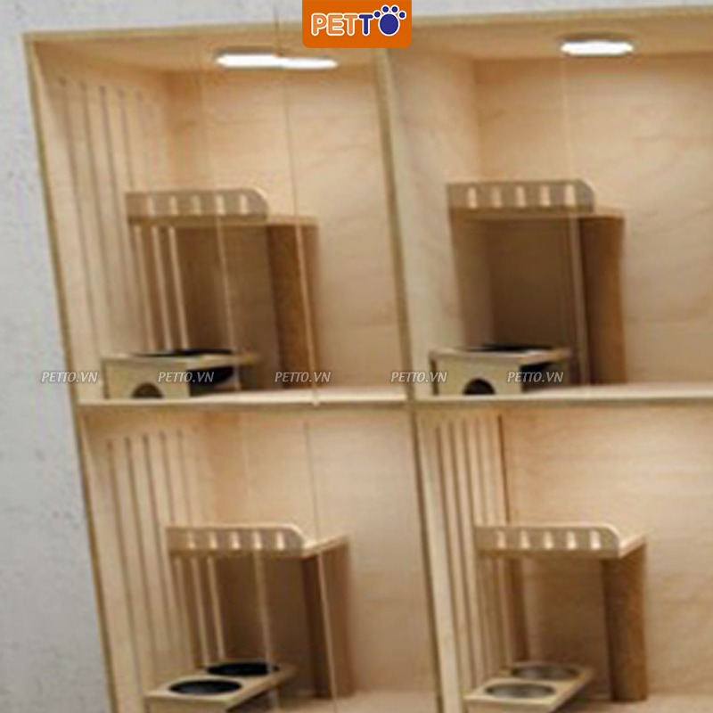 Tủ nuôi mèo - tủ gỗ cho mèo kết hợp hệ thống ĐÈN LED hiện đại nhiều ngăn kèm BÁT ĂN tiện lợi bảo hành 1 năm HT003