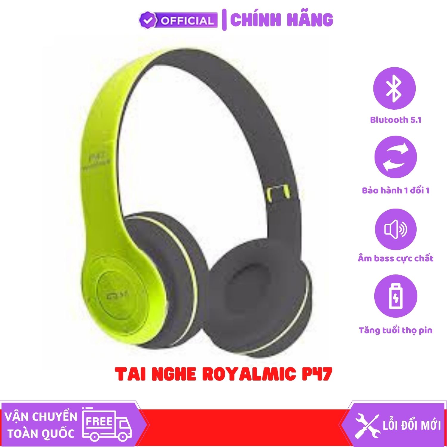 Tai Nghe Không Dây Kết Nối Bluetooth ROYALMIC P47 Có Khe Cắm Thẻ Nhớ - Hàng Chính Hãng