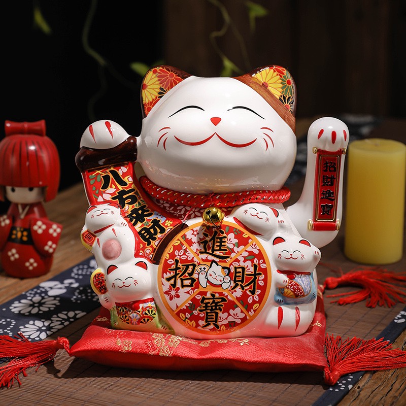 Mèo thần tài vẫy tay - Mèo tài lộc may mắn Maneki Nekko Nhật Bản mèo đỏ 20 cm