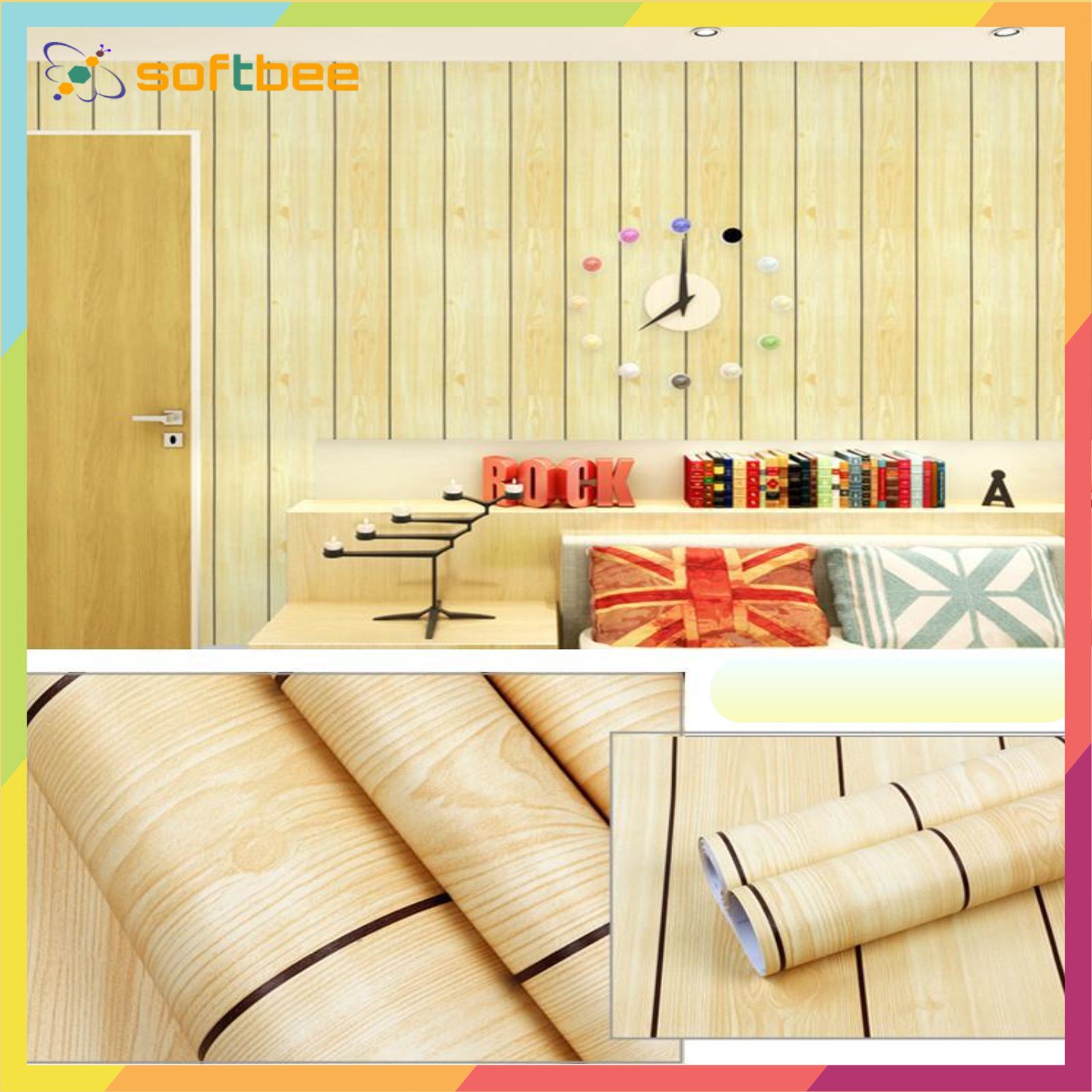 Giấy dán tường có keo sẵn mặt sau, in hình gỗ sọc nhạt, kích thước 0.45m x 10m / cuộn