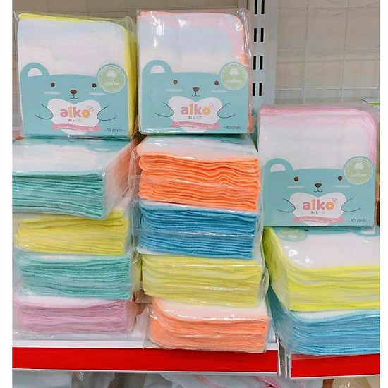 27x25cm - Bịch 10 khăn sữa Aiko cotton viền màu 4 lớp an toàn cho trẻ sơ sinh