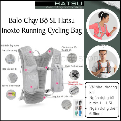 Balo chạy bộ Đạp Xe 5L Cao Cấp Hatsu Inoxto Running Cycling Bag - Siêu Nhẹ, Đa Năng, Bền Bỉ | Vest Chạy Trail Đựng Nước 