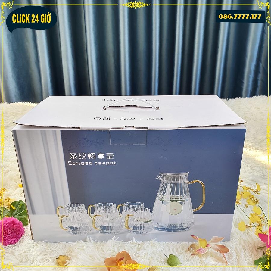 Bộ 1 Bình Và 6 Cốc Thủy Tinh Chịu Nhiệt Striped teapot - Màu Vàng Sang Chảnh