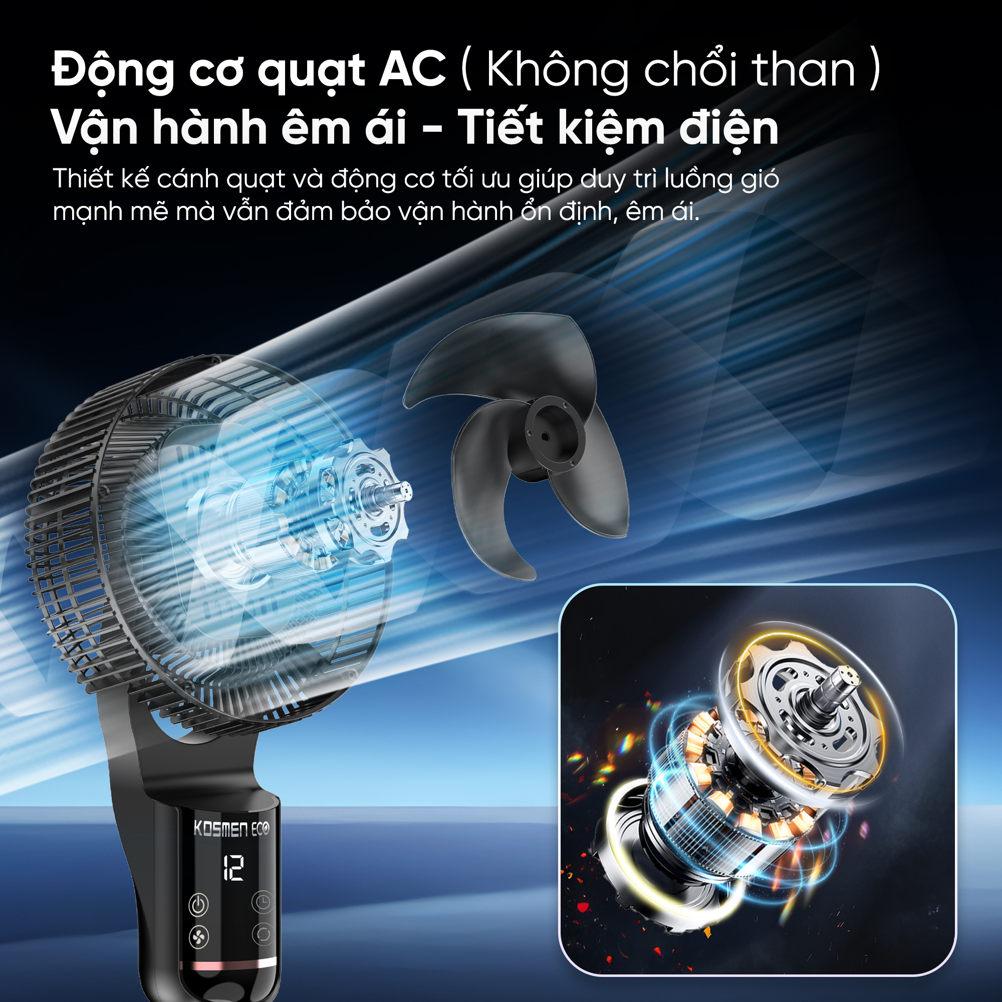 Quạt đối lưu không khí điều khiển bằng giọng nói Kosmen Eco ECO-F40AI-B, quạt thông minh, quạt điện (quạt đứng)