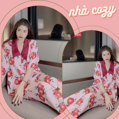 CÓ SẴN Đồ bộ nữ PIJAMA ️ Bộ lụa tay dài quần dài ️ họa tiết dâu tây dễ thương