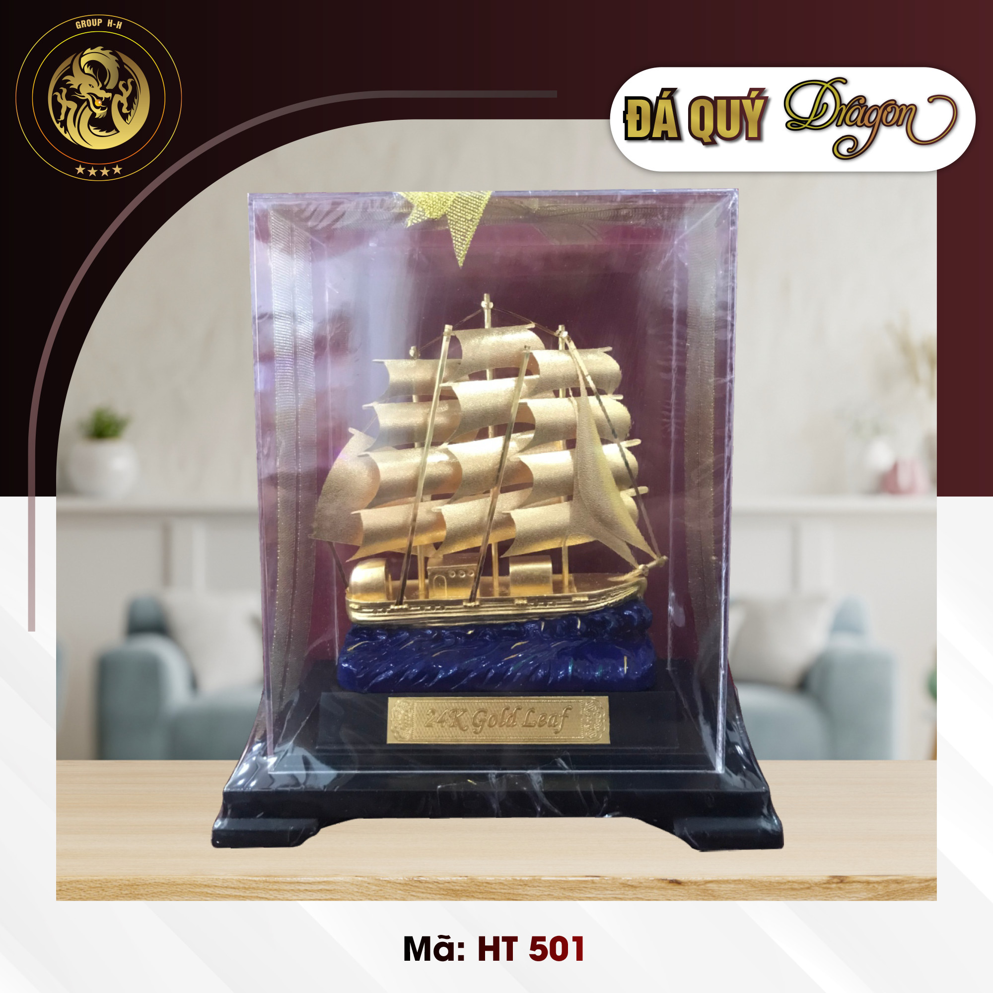 Mô Hình Thuyền Vàng Lá 24k Đế 22 cm HT 501