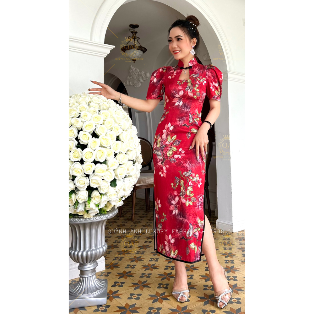 Sườn Xám Cổ Tàu Trung Hoa Lụa Ánh Kim Tone Đỏ Sang Trọng Mia Dress