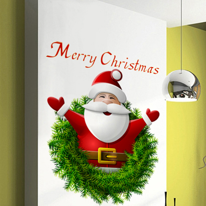Decal dán tường - Ông già Noel vui vẻ và vòng hoa