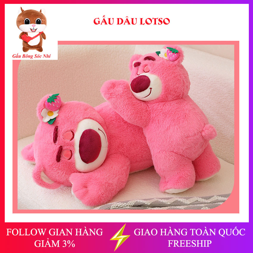 Gấu Dâu Bông Lotso Dâu Huggin Bear Lông Xù Nằm Dễ Thương Mềm Mịn Cao Cấp