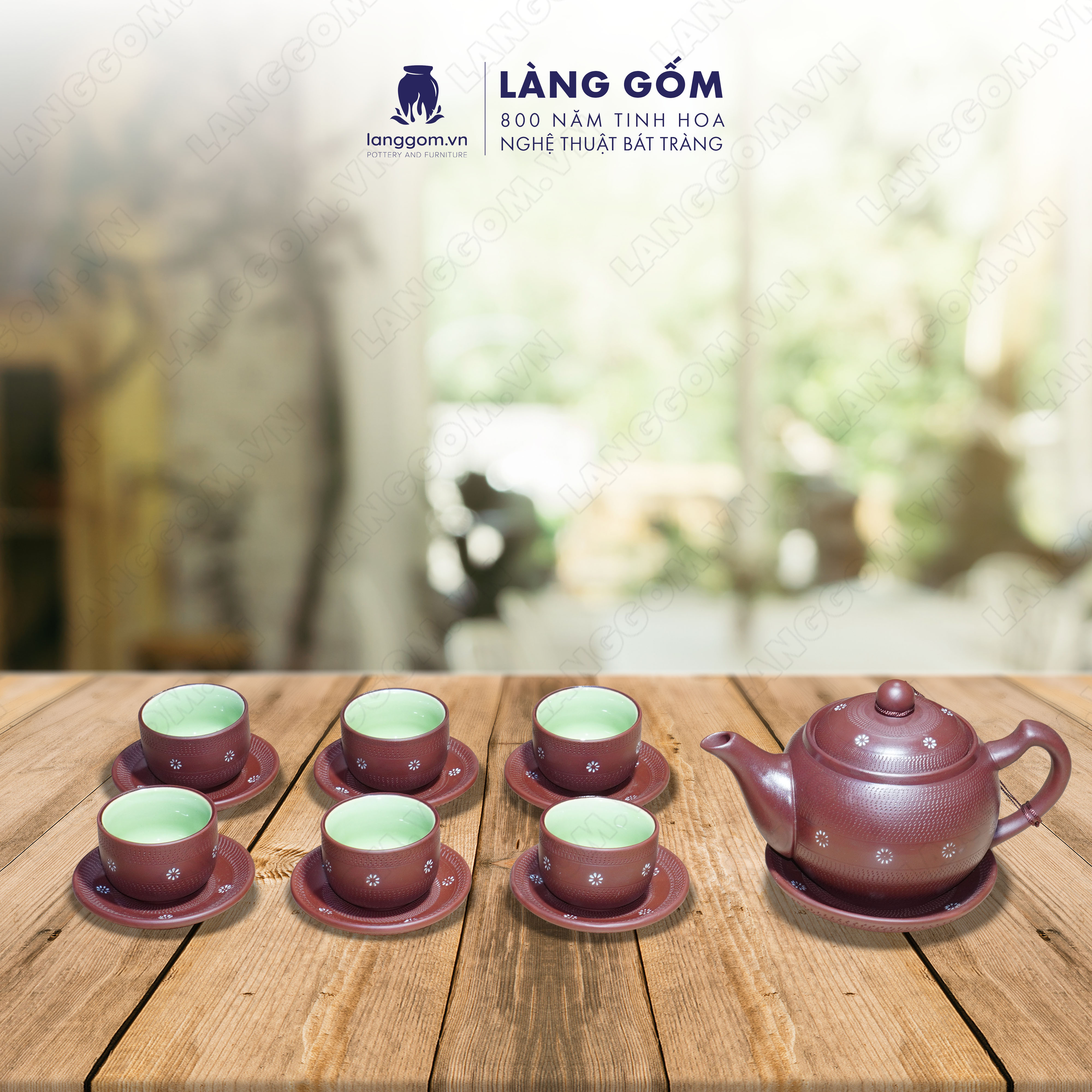 Bộ ấm chén đất nung hoa ban - Men mộc - Gốm sứ Bát Tràng - langgom.vn