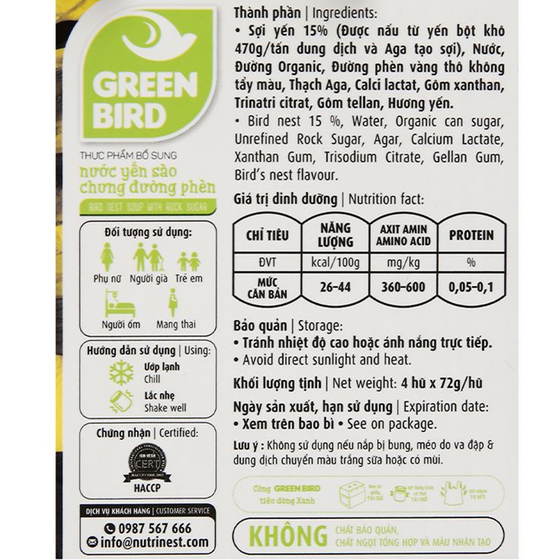 Lốc 4 hũ nước yến sào chưng đường phèn Green Bird 72g - Hàng chính hãng