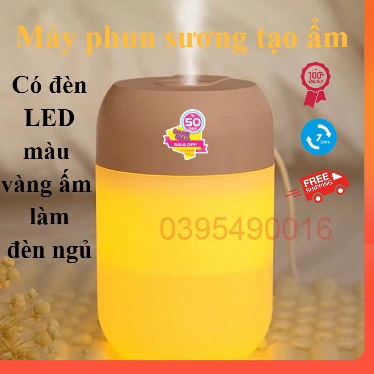 Máy phun sương tạo ẩm có đèn LED màu vàng ấm làm đèn ngủ xông tinh dầu cắm điện khuếch tán hương thơm