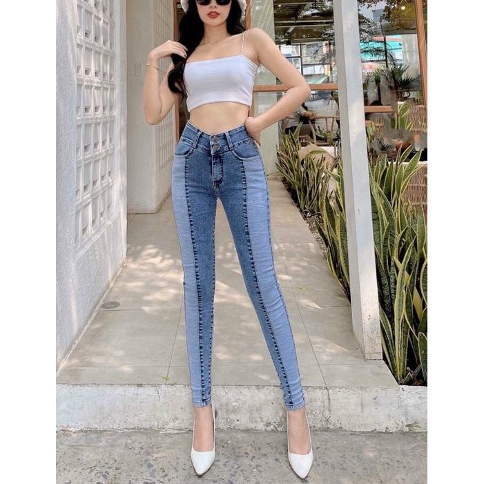 Quần jean Nữ Ghép Thân 2 Màu Lưng CAo Vải Mềm Co Giãn