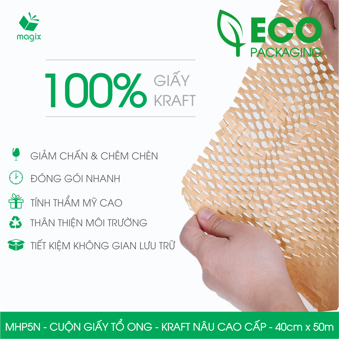 MHP5N - 40cm x 50m - Cuộn giấy tổ ong chống sốc - Kraft nâu Cao Cấp - Giấy gói hàng, gói quà