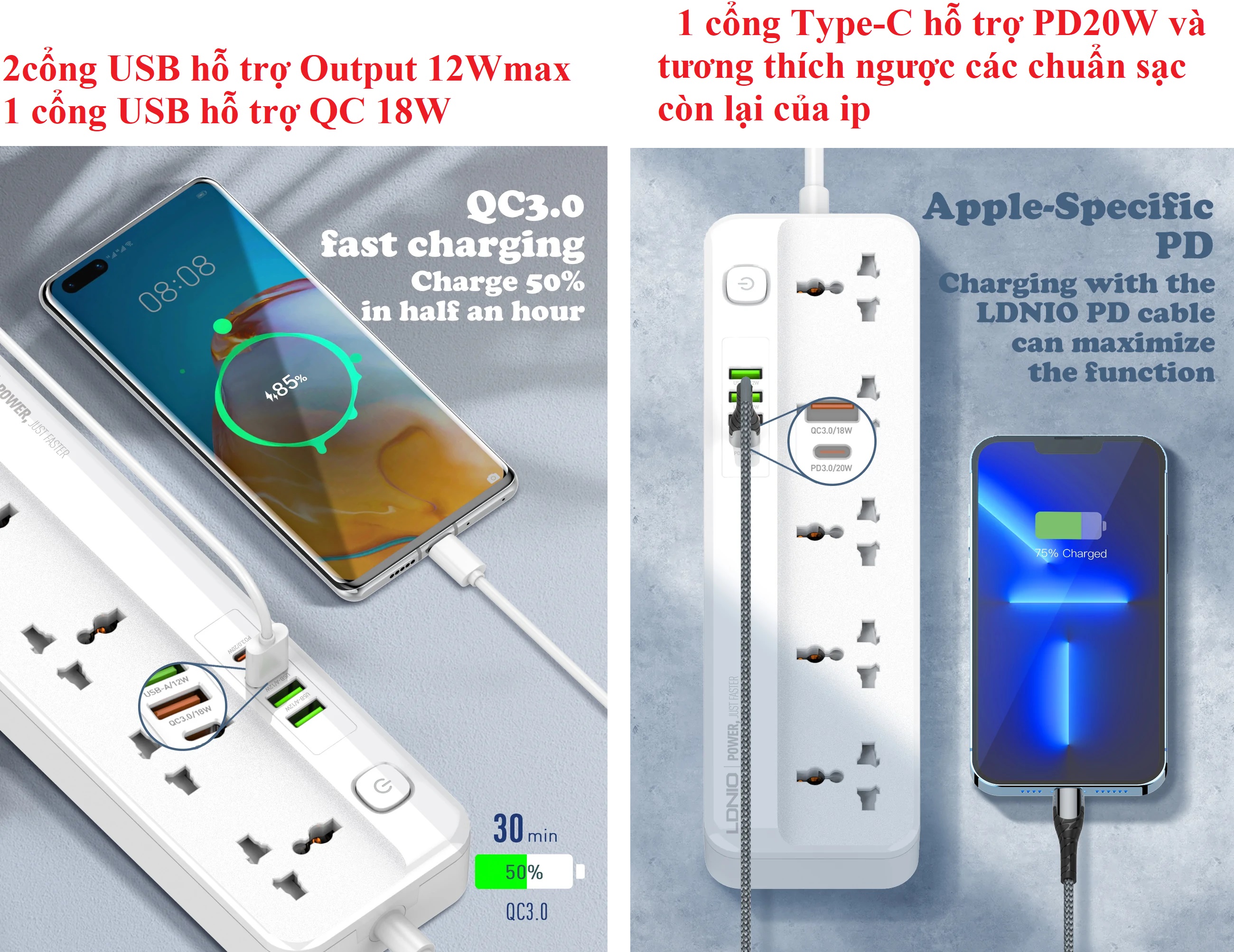 Ổ cắm đa năng 2500W tích hợp sạc nhanh PD20W QC18W LDNIO SC5415 _ hàng chính hãng