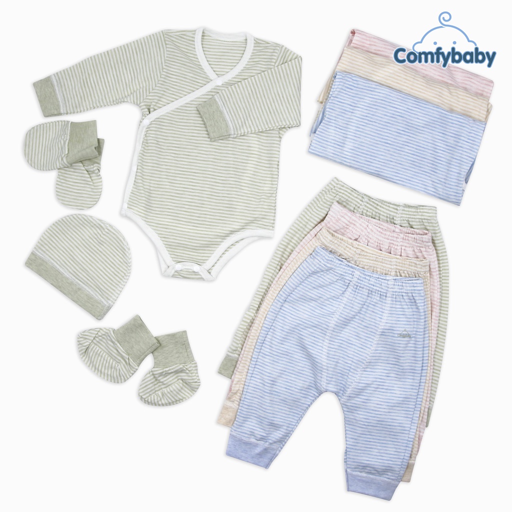 Set Bodysuit giữ ấm sơ sinh 5 món ComfyBaby kẻ sọc màu xanh - 100% Cotton- chính hãng