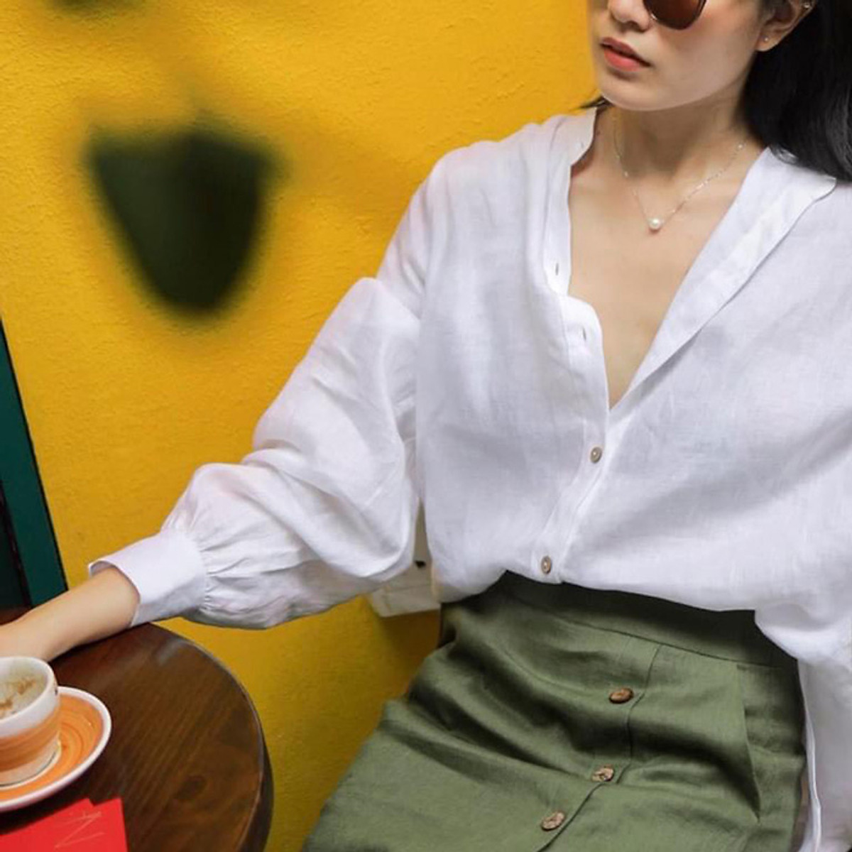 Áo sơ mi công sở nữ dài tay cổ tầu Linen tưng Premium sang trọng trẻ trung - Trắng
