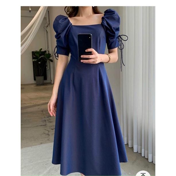 Đầm midi xanh navy tay rút phồng