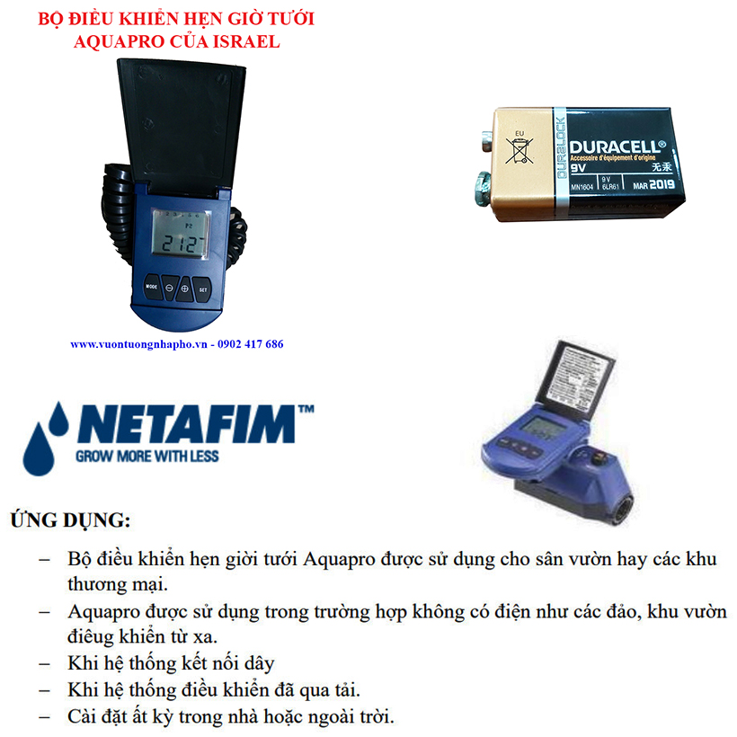 Bộ Hẹn Giờ Tưới Cây Tự Động nhập khẩu Israel dùng pin Hiệu Aquapro nhỏ gọn và tiết kiệm thời gian tưới hàng ngày