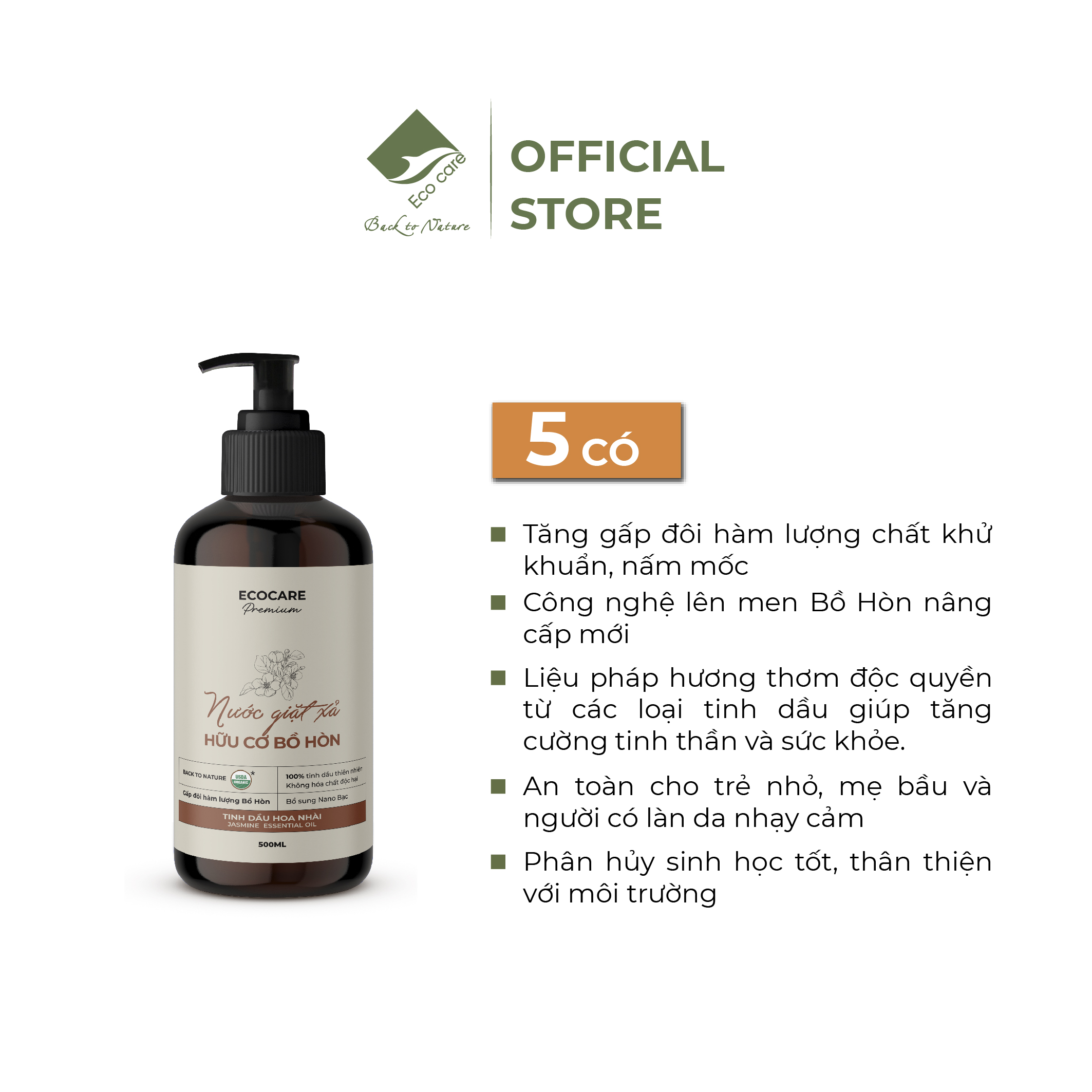 Nước Giặt Hữu Cơ An Toàn Cho Bé Sơ Sinh ECOCARE Chiết Xuất Bồ Hòn Và Tinh Dầu Hoa Nhài 500ml-2L-4L, Dịu Nhẹ Với Da Tay