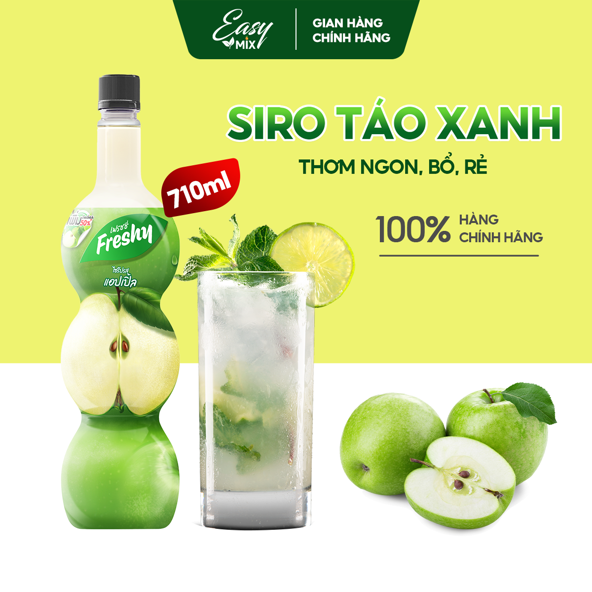 Siro Táo Xanh Freshy Green Apple Syrup Nguyên Liệu Pha Chế Trà Sữa Chai 710ml