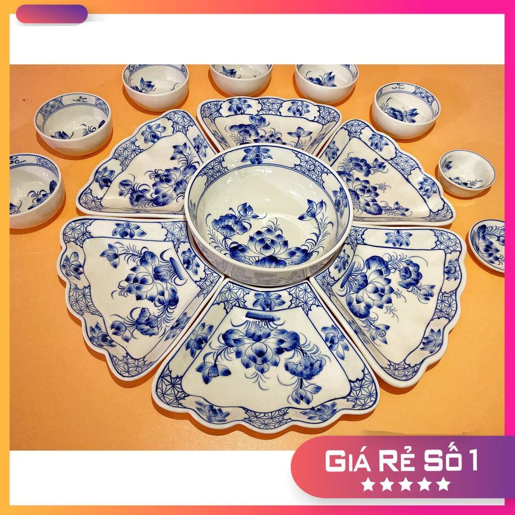 Bộ bát đĩa sứ, bộ đồ ăn mặt trời xanh hoa sen phú quý cao cấp