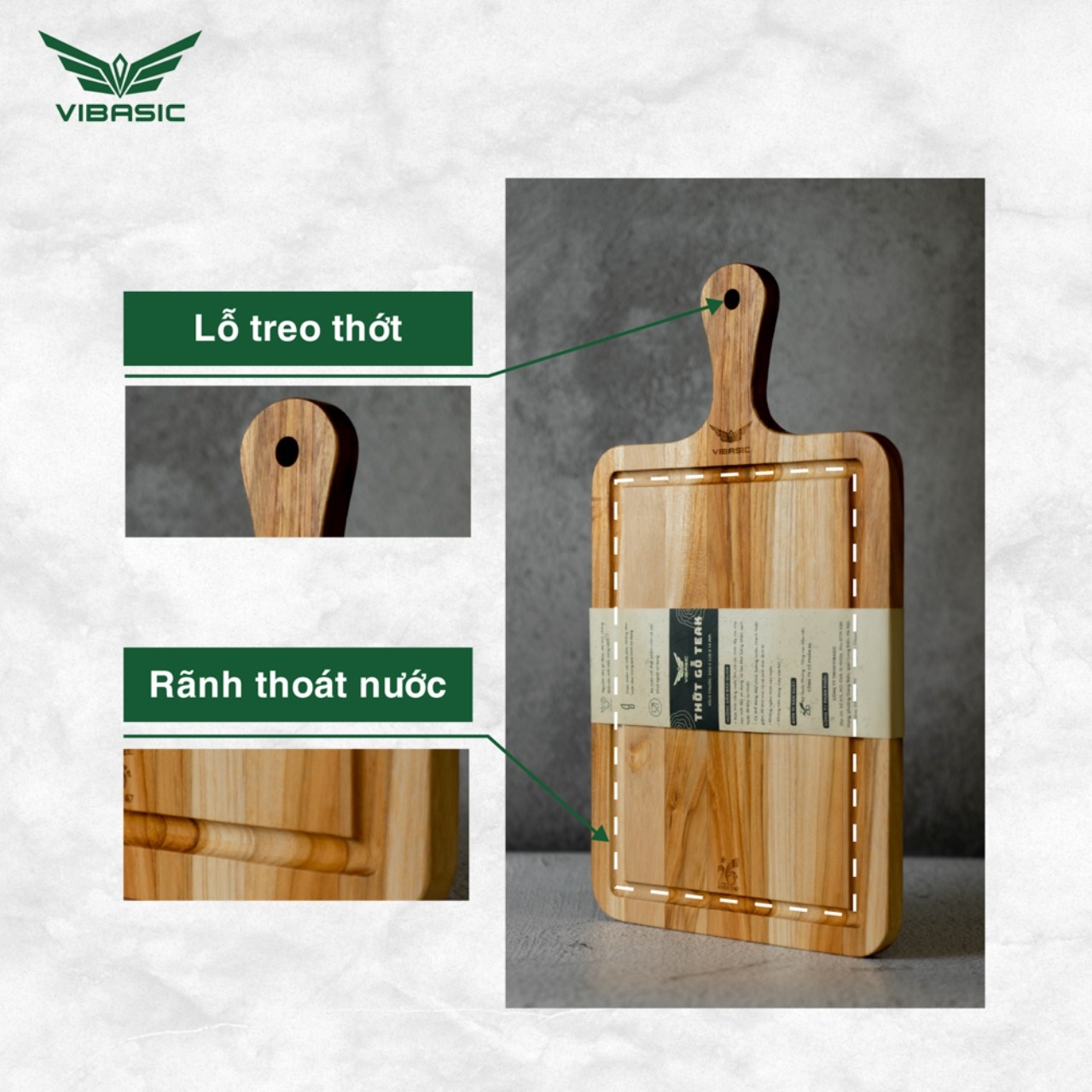 Thớt gỗ Teak Vibasic ghép ngang solid có tay cầm kích thước 300x220x18cm - Hàng chính hãng Bộ Quốc Phòng