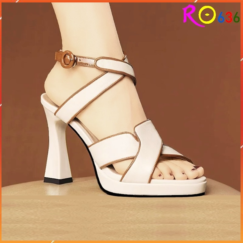 Giày sandal nữ cao gót 8 phân hàng hiệu rosata màu kem thời trang cao cấp ro636