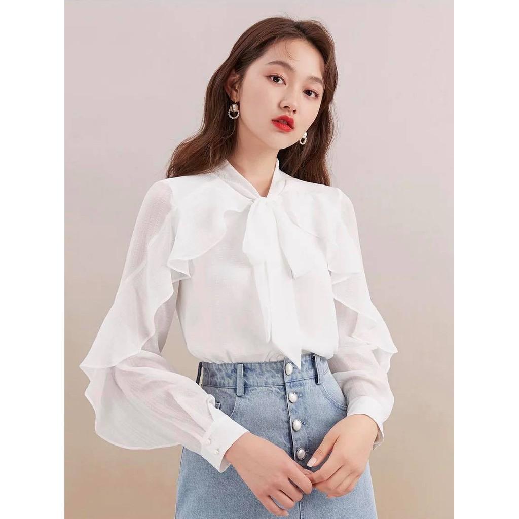 Áo sơ mi trắng nữ thiết kế cổ nơ phối tay bèo size S M L