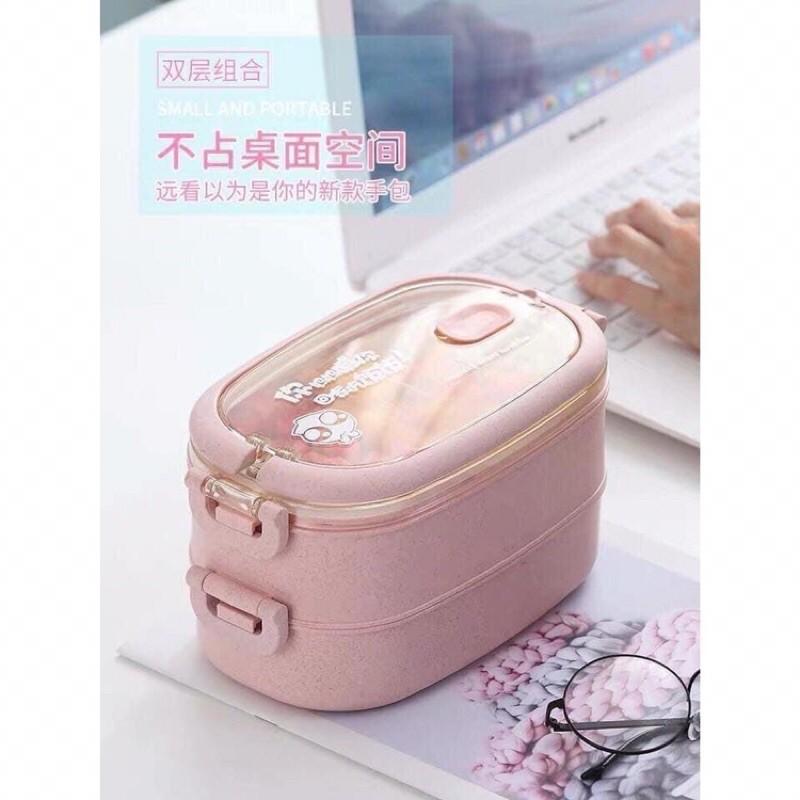 HỘP CƠM LÚA MẠCH CHỮ NHẬT 2 TẦNG KÈM THÌA ĐŨA