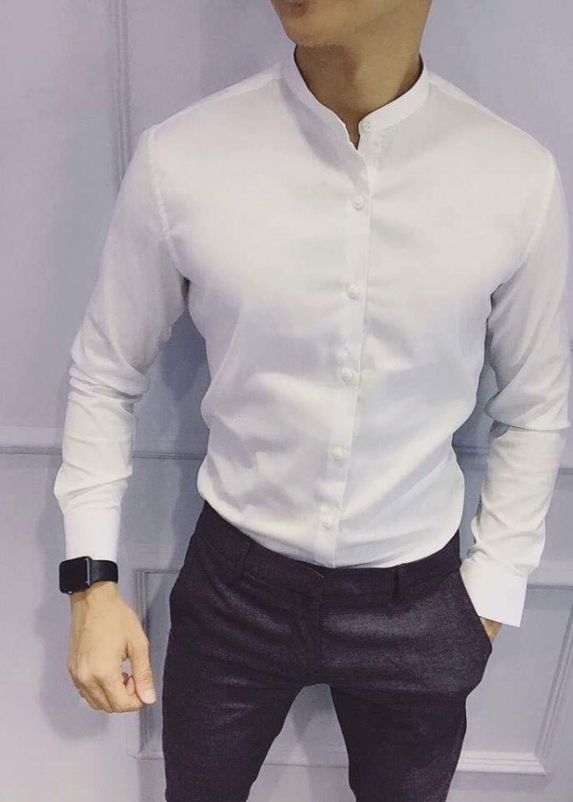 Áo sơ mi nam cổ tàu  tay dài trắng đen vải êm bền đẹp