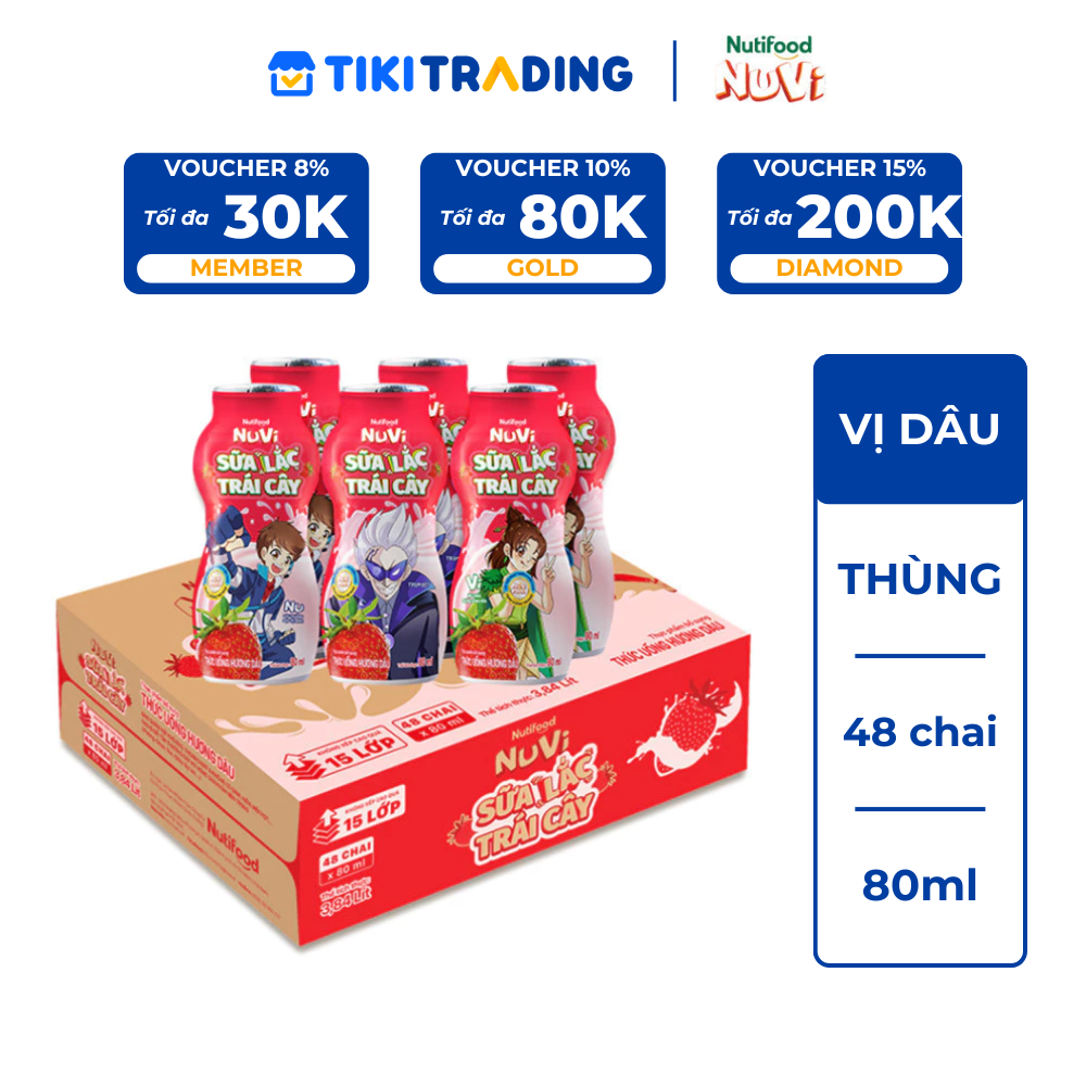 Thùng 48 chai Sữa Lắc Trái Cây Nuvi Hương Dâu 80ml - Tăng Cường Chiều Cao, Phát Triển Trí Não