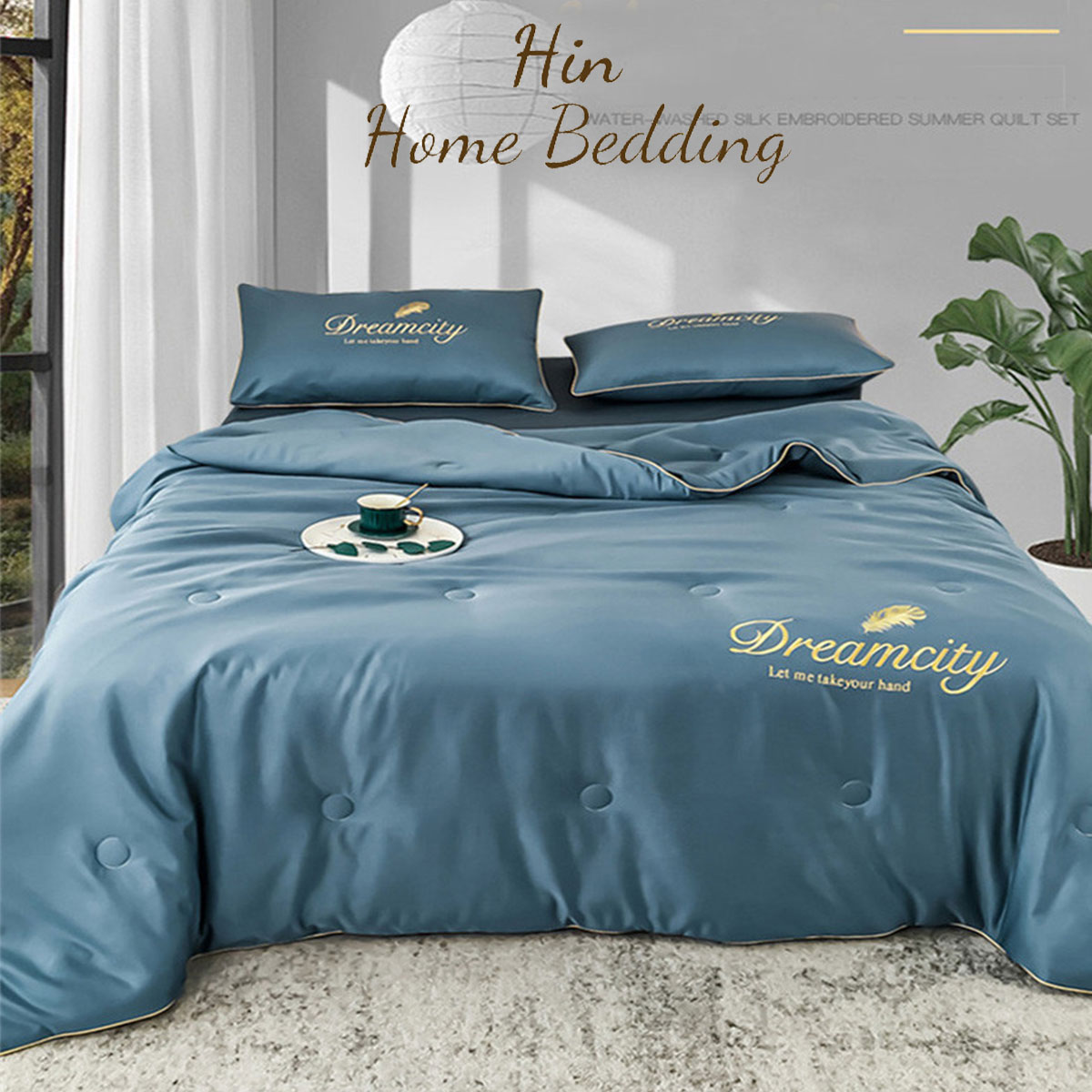 Bộ Chăn Ga Gối Đệm 5 Món Lụa Dream City Bộ Ga Drap Trải Giường Chăn Chần Bông Đẹp Hin Home Bedding Mẫu Xám